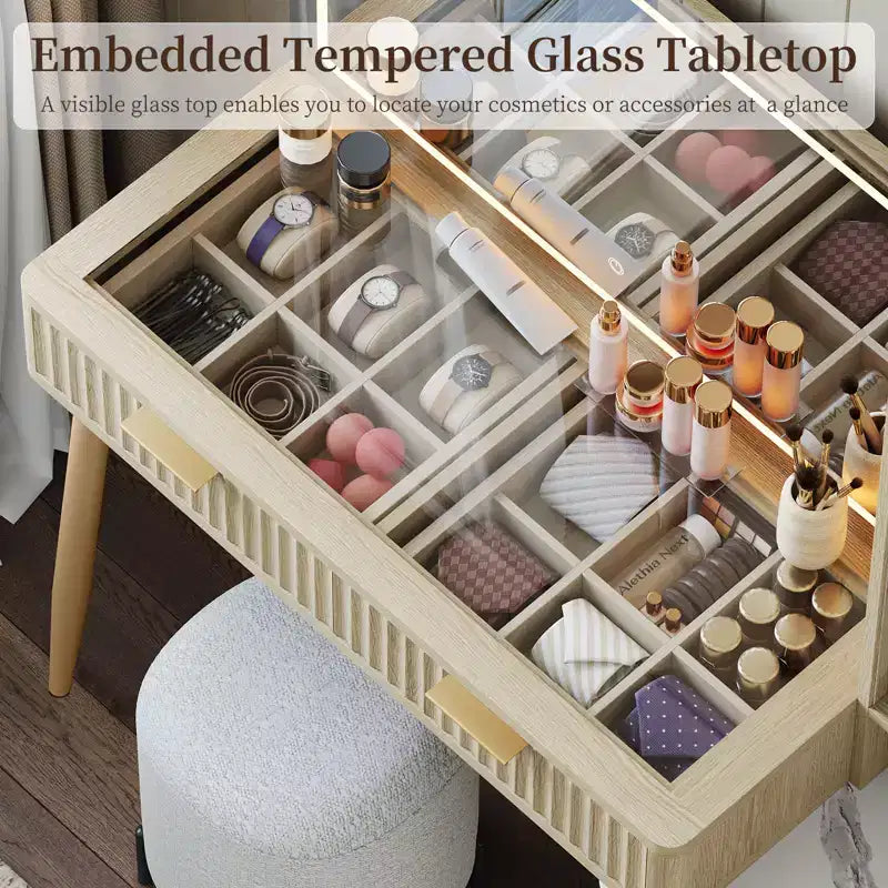 Coiffeuse de 36 po avec miroir éclairé – Finition blanc et chêne, miroir LED, tiroirs