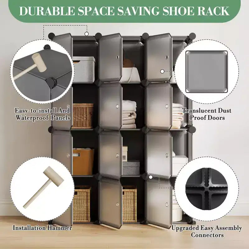Meuble à chaussures modulaire peu encombrant, 12 cubes empilables avec portes, Organisateur de chaussures portable à 4 niveaux, Pour Chambre, Salon