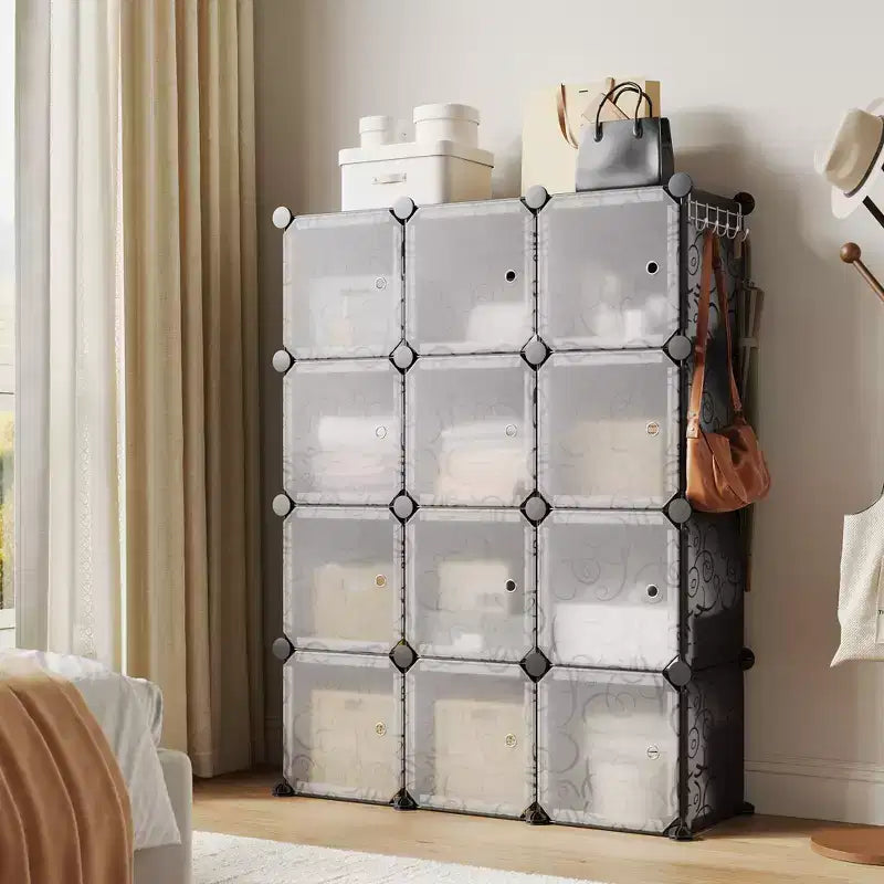 Meuble à chaussures modulaire peu encombrant, 12 cubes empilables avec portes, Organisateur de chaussures portable à 4 niveaux, Pour Chambre, Salon