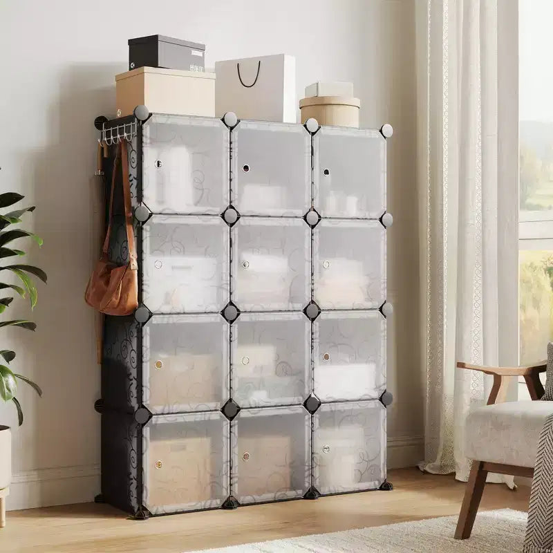 Space-Saving Modular Shoe Storage Cabinet  12-Cube Stackable Organizer with Doors, 4-Tier Portable Stackable Shoe Cabinet, For Bedroom, Living Room