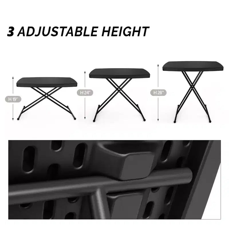 Table de patio pliante en plastique noire de 30 po à hauteur réglable – Légère et portable