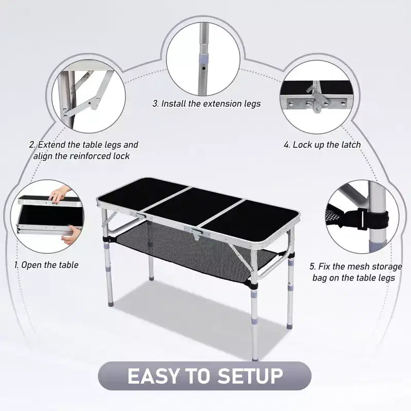 Table de patio pliante portable en aluminium avec sac de rangement en filet – 3 réglages de hauteur