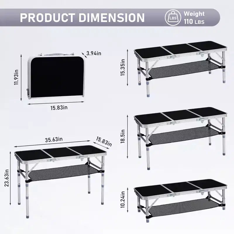 Table de patio pliante portable en aluminium avec sac de rangement en filet – 3 réglages de hauteur