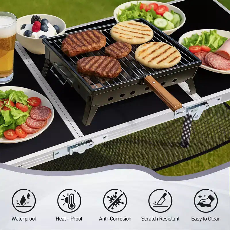 Table de patio pliante portable en aluminium avec sac de rangement en filet – 3 réglages de hauteur
