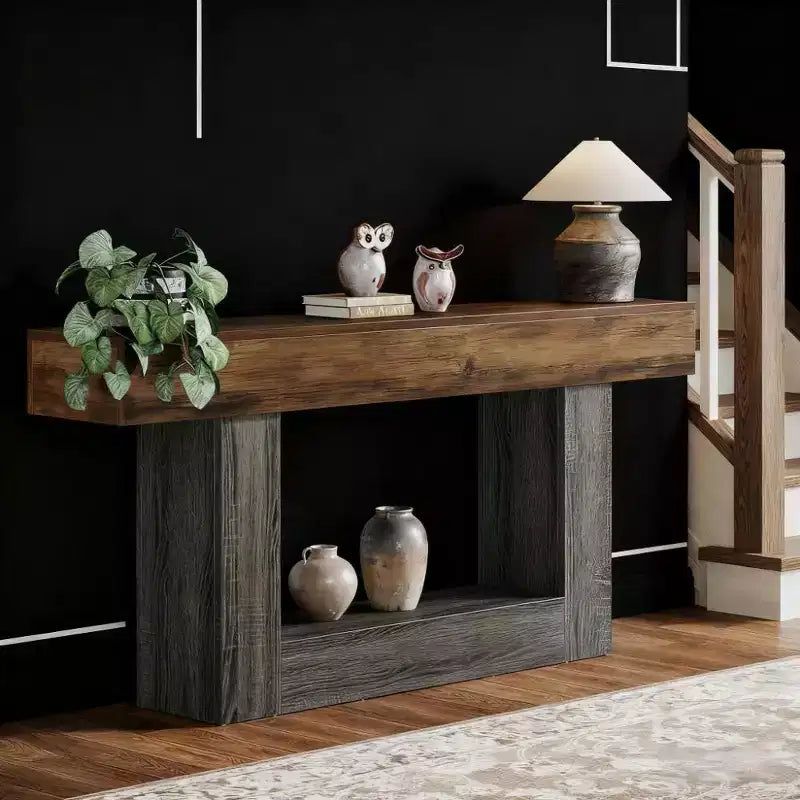 Console de ferme en bois 63" avec étagère inférieure – Marron rustique et Gris vintage