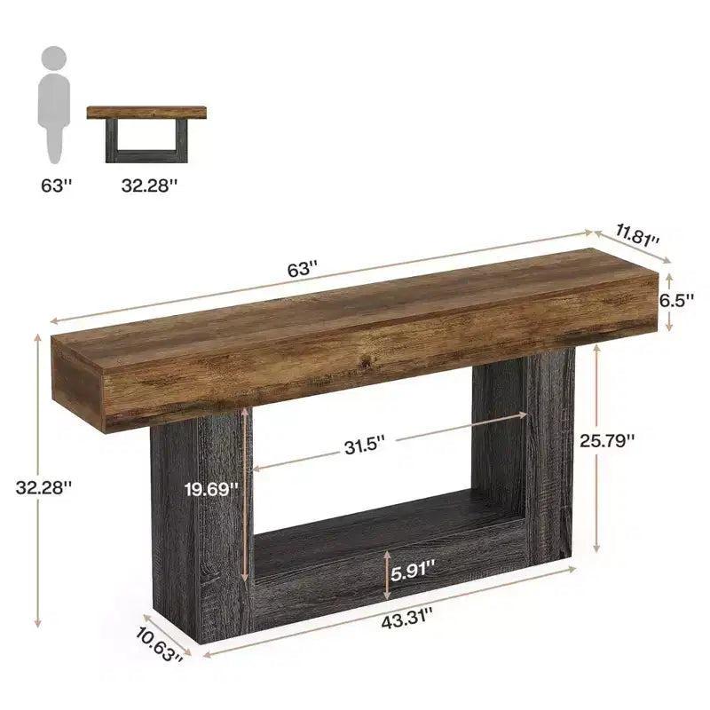 Console de ferme en bois 63" avec étagère inférieure – Marron rustique et Gris vintage