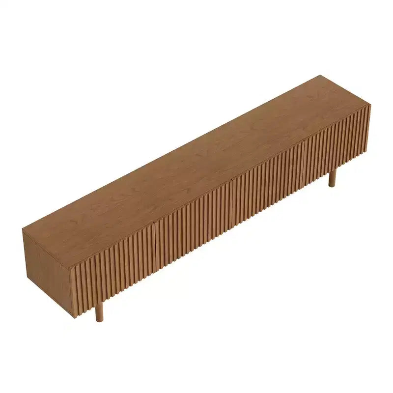 Meuble TV console cannelé de 220 cm avec rangement superposé et pieds en bois massif