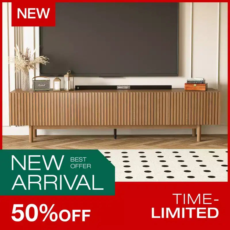 Meuble TV console cannelé de 220 cm avec rangement superposé et pieds en bois massif