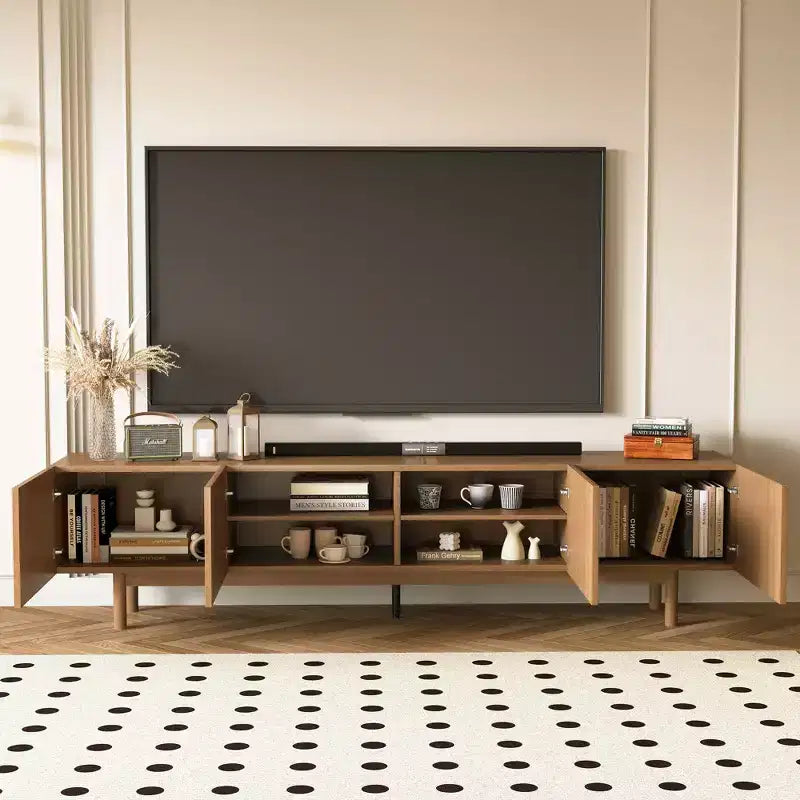 Meuble TV console cannelé de 220 cm avec rangement superposé et pieds en bois massif