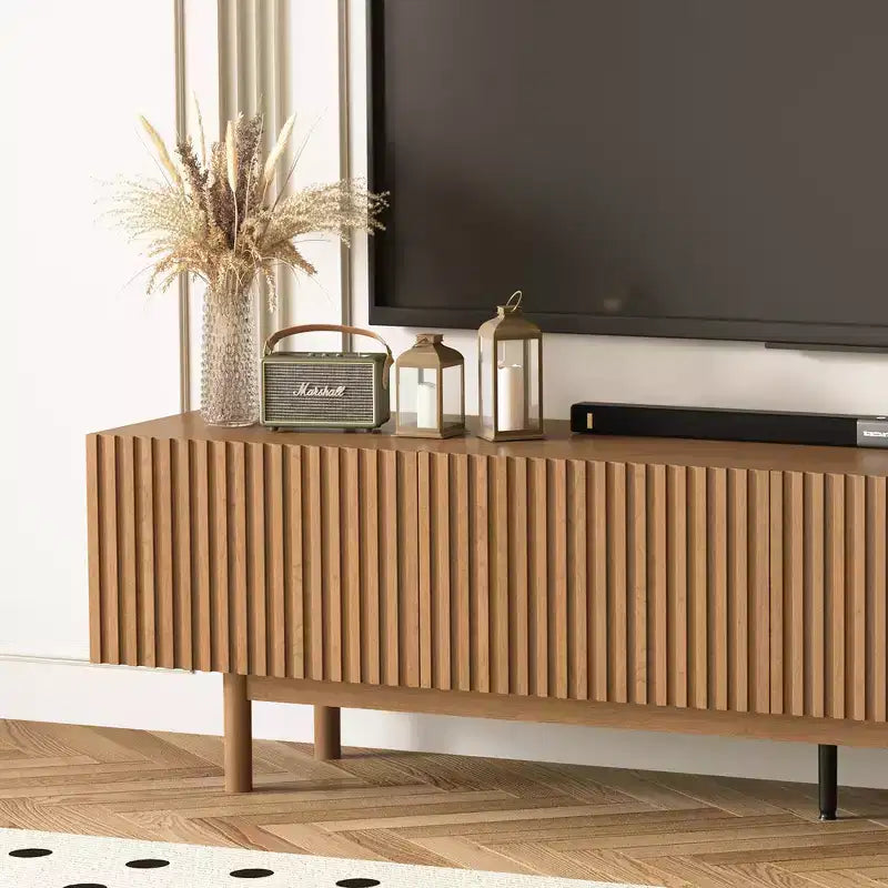 Meuble TV console cannelé de 220 cm avec rangement superposé et pieds en bois massif