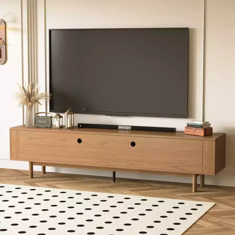 Meuble TV console cannelé de 220 cm avec rangement superposé et pieds en bois massif