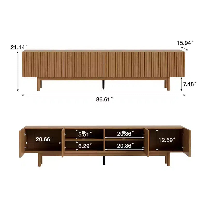Meuble TV console cannelé de 220 cm avec rangement superposé et pieds en bois massif