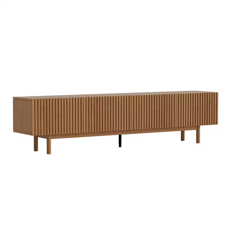 Meuble TV console cannelé de 220 cm avec rangement superposé et pieds en bois massif