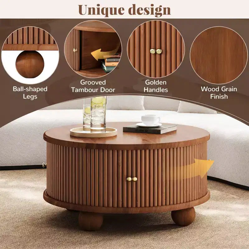 31.8 Table Basse Moderne, Table Centrale Ronde Cannelée avec Rangement, Table d'Appoint en Bois pour Salon Chambre Bureau