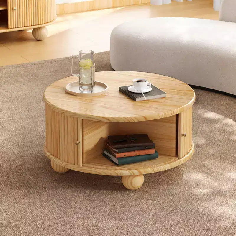 31.8 Table Basse Moderne, Table Centrale Ronde Cannelée avec Rangement, Table d'Appoint en Bois pour Salon Chambre Bureau