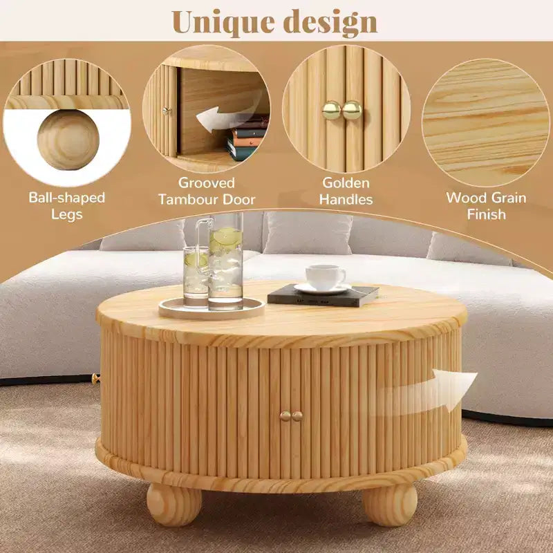 31.8 Table Basse Moderne, Table Centrale Ronde Cannelée avec Rangement, Table d'Appoint en Bois pour Salon Chambre Bureau