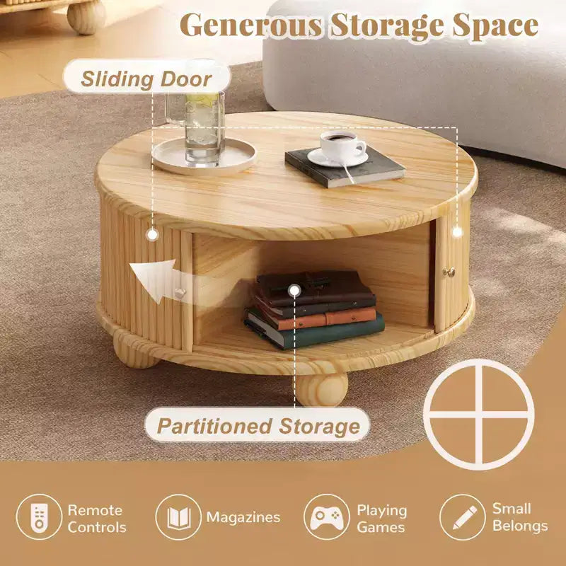 31.8 Table Basse Moderne, Table Centrale Ronde Cannelée avec Rangement, Table d'Appoint en Bois pour Salon Chambre Bureau