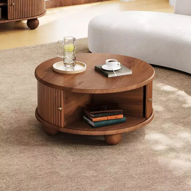 31.8 Table Basse Moderne, Table Centrale Ronde Cannelée avec Rangement, Table d'Appoint en Bois pour Salon Chambre Bureau