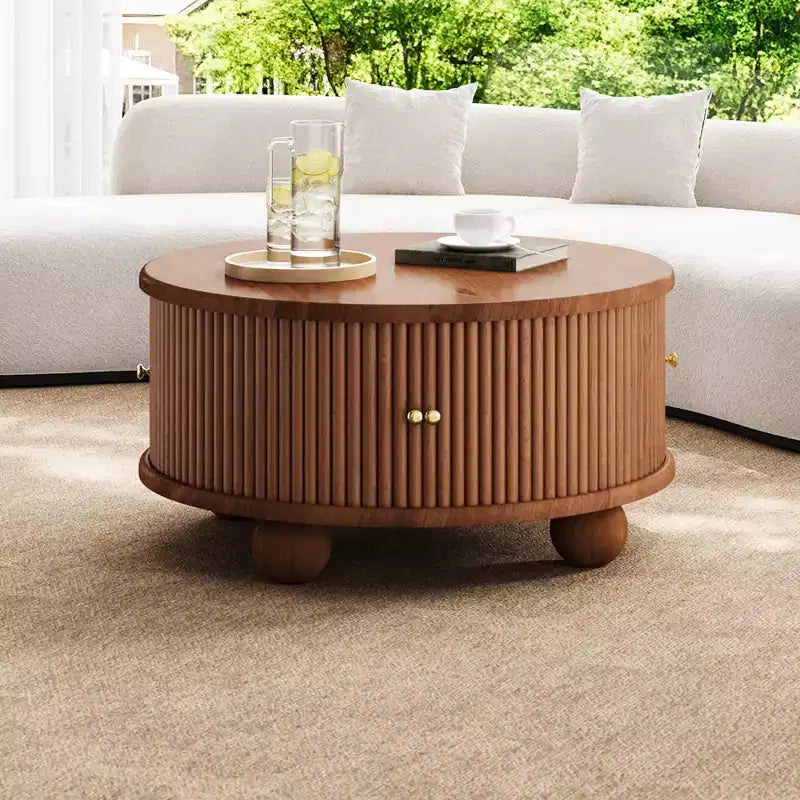 31.8 Table Basse Moderne, Table Centrale Ronde Cannelée avec Rangement, Table d'Appoint en Bois pour Salon Chambre Bureau
