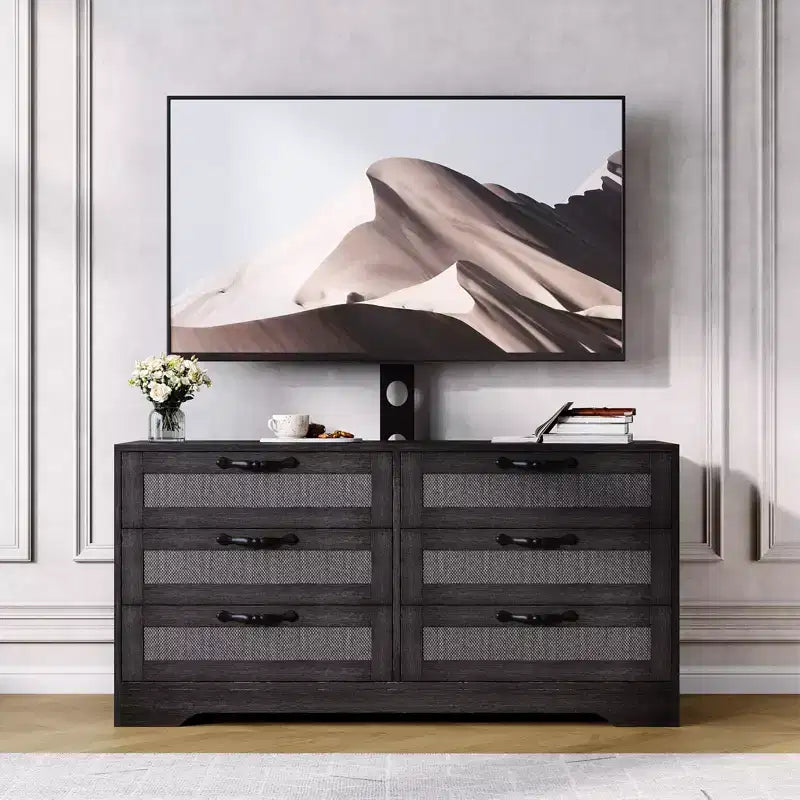 Meuble TV avec support, meuble de rangement moderne de 47,2 po avec 6 tiroirs en rotin pour téléviseurs de 32 à 85 po, table console multimédia avec rangement pour salon