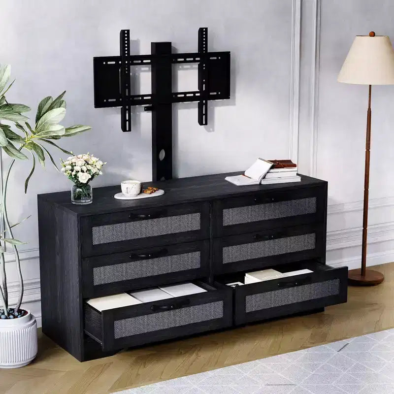 Meuble TV avec support, meuble de rangement moderne de 47,2 po avec 6 tiroirs en rotin pour téléviseurs de 32 à 85 po, table console multimédia avec rangement pour salon