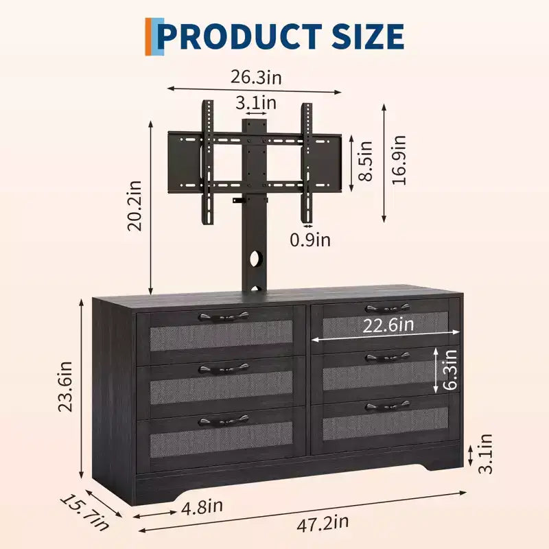 Meuble TV avec support, meuble de rangement moderne de 47,2 po avec 6 tiroirs en rotin pour téléviseurs de 32 à 85 po, table console multimédia avec rangement pour salon