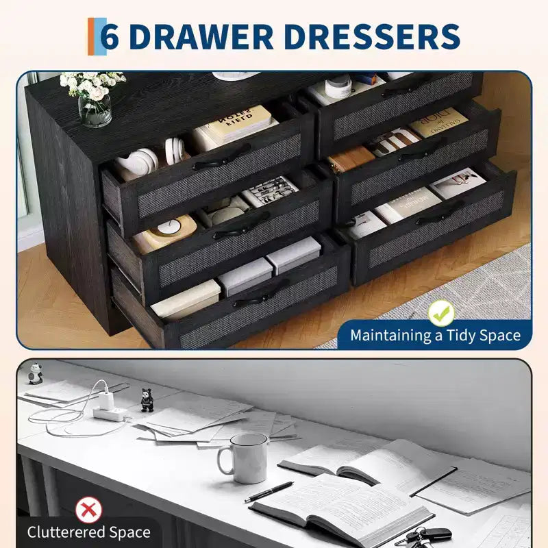 Meuble TV avec support, meuble de rangement moderne de 47,2 po avec 6 tiroirs en rotin pour téléviseurs de 32 à 85 po, table console multimédia avec rangement pour salon