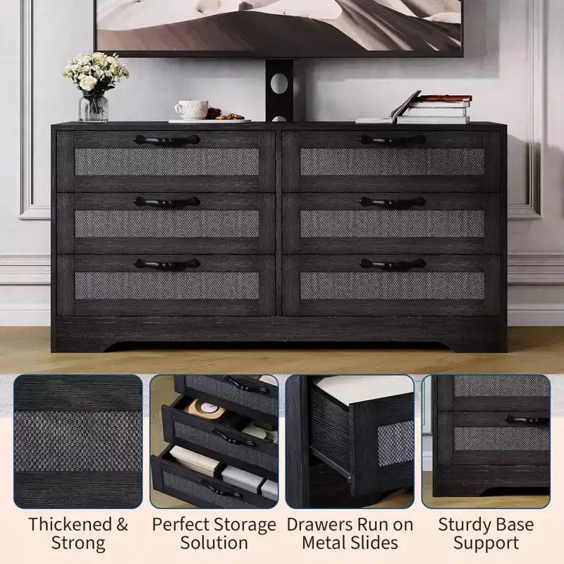 Meuble TV avec support, meuble de rangement moderne de 47,2 po avec 6 tiroirs en rotin pour téléviseurs de 32 à 85 po, table console multimédia avec rangement pour salon