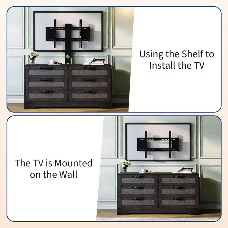 Meuble TV avec support, meuble de rangement moderne de 47,2 po avec 6 tiroirs en rotin pour téléviseurs de 32 à 85 po, table console multimédia avec rangement pour salon