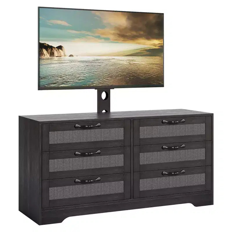 Meuble TV avec support, meuble de rangement moderne de 47,2 po avec 6 tiroirs en rotin pour téléviseurs de 32 à 85 po, table console multimédia avec rangement pour salon