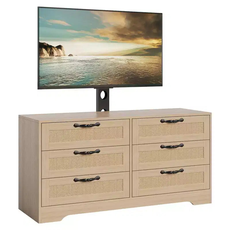 Meuble TV avec support, meuble de rangement moderne de 47,2 po avec 6 tiroirs en rotin pour téléviseurs de 32 à 85 po, table console multimédia avec rangement pour salon