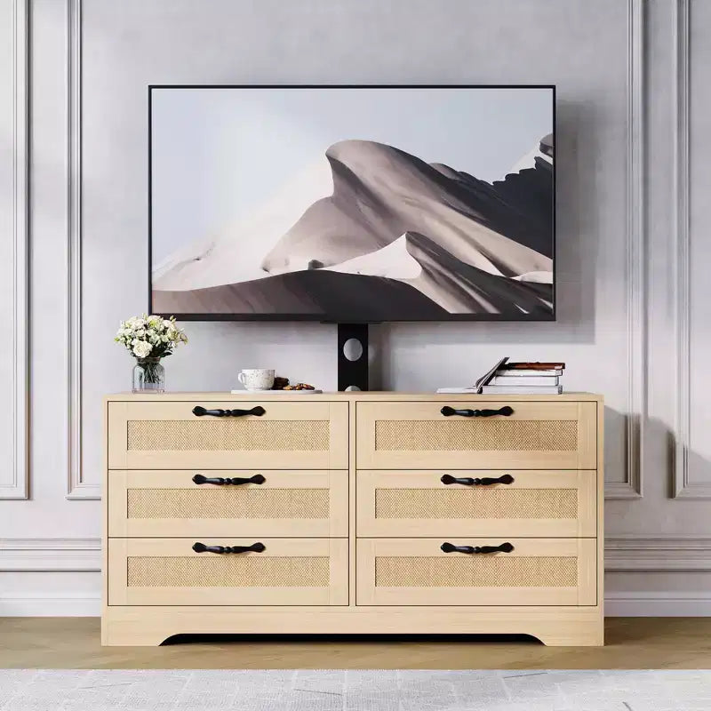 Meuble TV avec support, meuble de rangement moderne de 47,2 po avec 6 tiroirs en rotin pour téléviseurs de 32 à 85 po, table console multimédia avec rangement pour salon