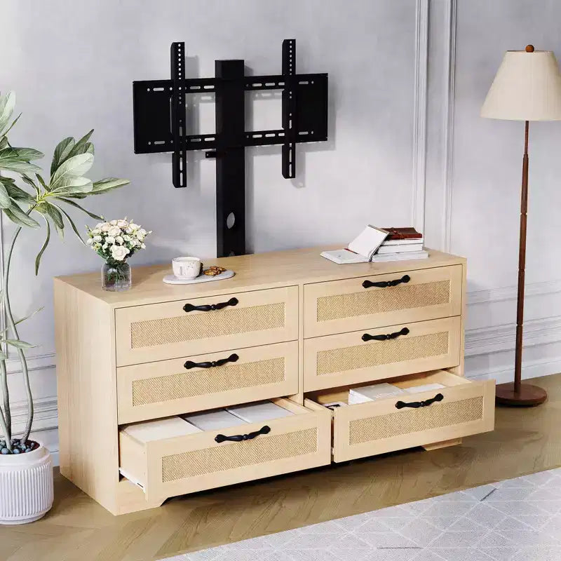 Meuble TV avec support, meuble de rangement moderne de 47,2 po avec 6 tiroirs en rotin pour téléviseurs de 32 à 85 po, table console multimédia avec rangement pour salon