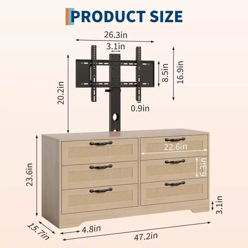 Meuble TV avec support, meuble de rangement moderne de 47,2 po avec 6 tiroirs en rotin pour téléviseurs de 32 à 85 po, table console multimédia avec rangement pour salon