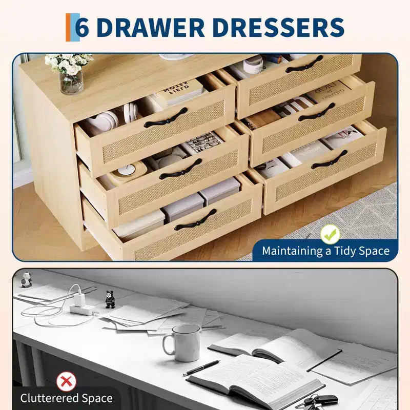 Meuble TV avec support, meuble de rangement moderne de 47,2 po avec 6 tiroirs en rotin pour téléviseurs de 32 à 85 po, table console multimédia avec rangement pour salon