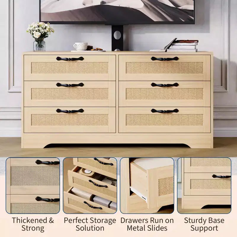 Meuble TV avec support, meuble de rangement moderne de 47,2 po avec 6 tiroirs en rotin pour téléviseurs de 32 à 85 po, table console multimédia avec rangement pour salon