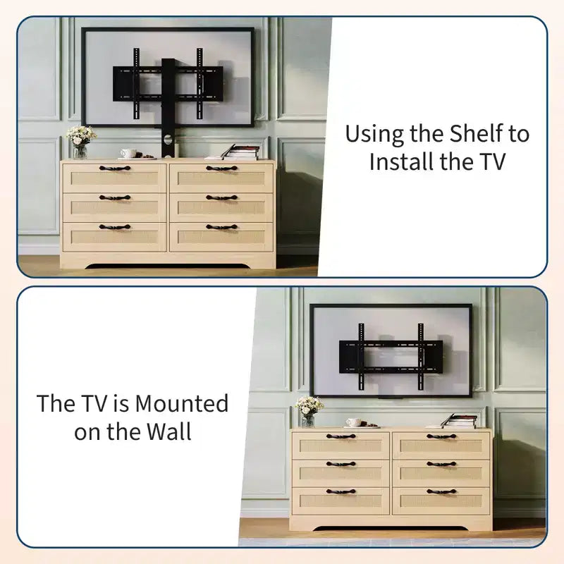 Meuble TV avec support, meuble de rangement moderne de 47,2 po avec 6 tiroirs en rotin pour téléviseurs de 32 à 85 po, table console multimédia avec rangement pour salon