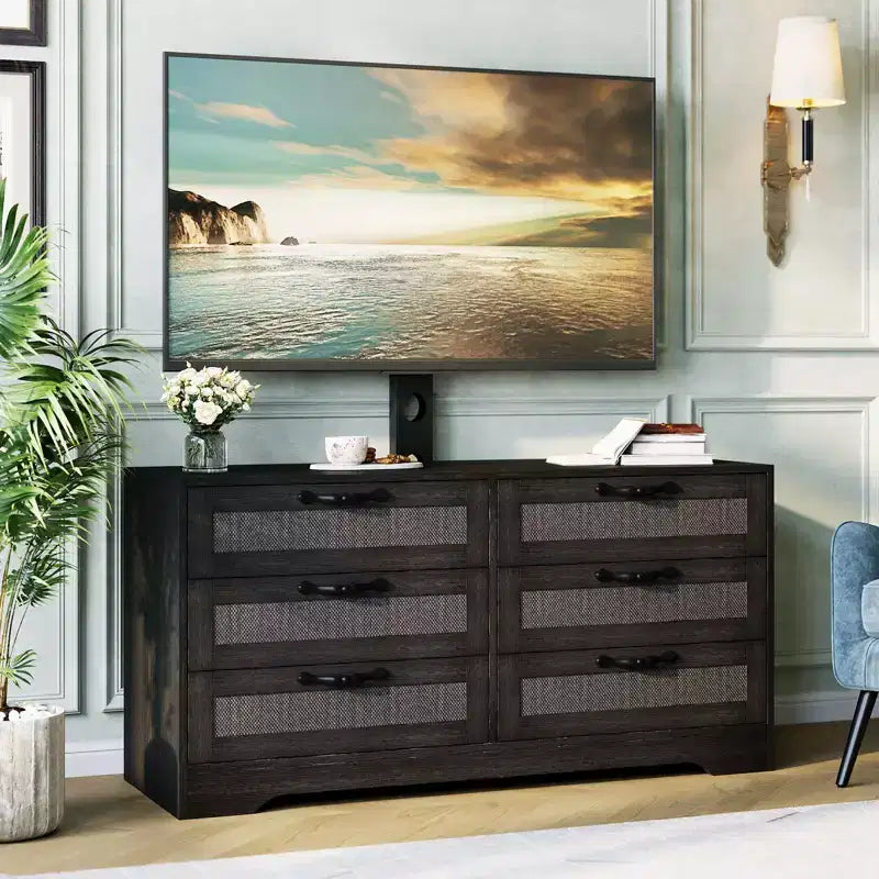 Meuble TV avec support, meuble de rangement moderne de 47,2 po avec 6 tiroirs en rotin pour téléviseurs de 32 à 85 po, table console multimédia avec rangement pour salon