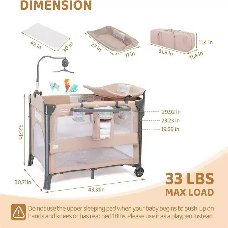 Lit Cododo 3-en-1 pour Bébé – Beige avec Sac de Rangement et Table à Langer