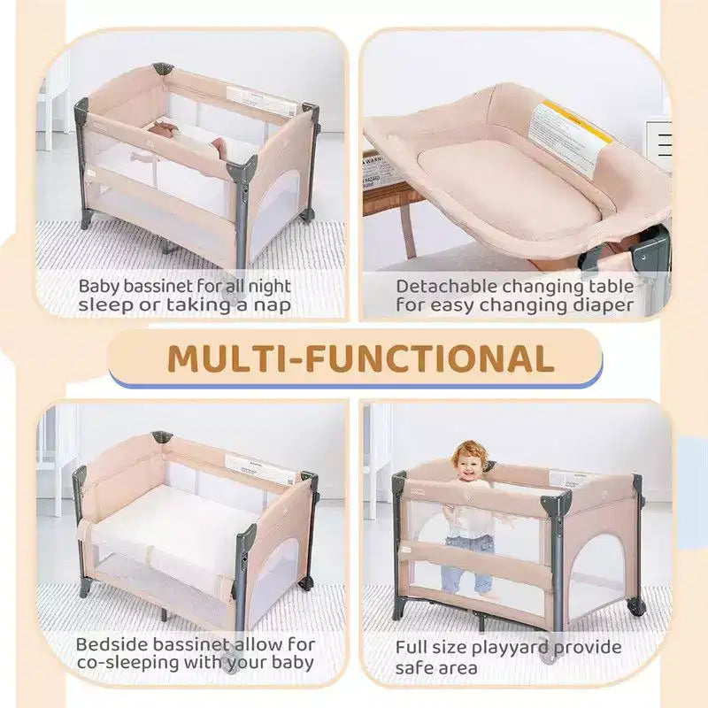 Lit Cododo 3-en-1 pour Bébé – Beige avec Sac de Rangement et Table à Langer