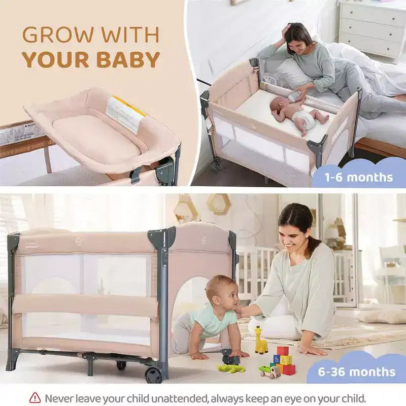 Lit Cododo 3-en-1 pour Bébé – Beige avec Sac de Rangement et Table à Langer