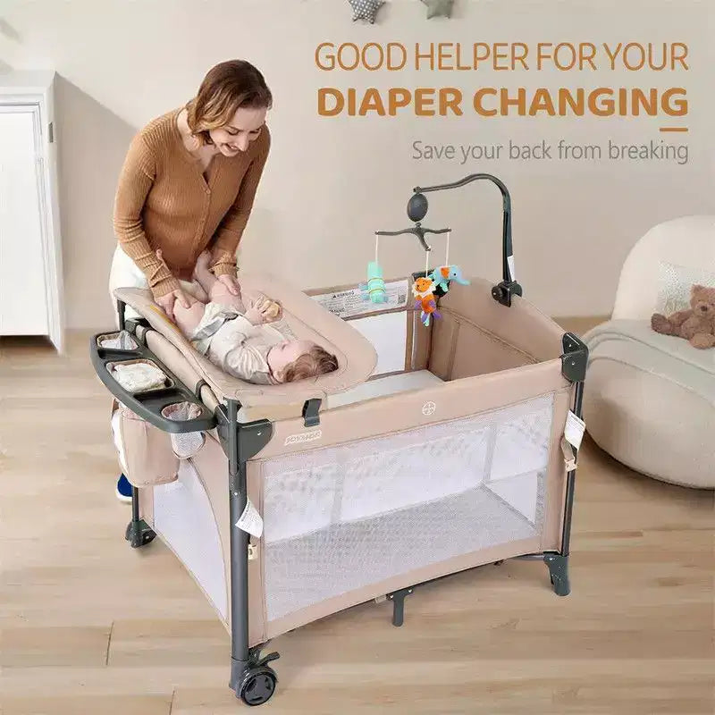 Lit Cododo 3-en-1 pour Bébé – Beige avec Sac de Rangement et Table à Langer