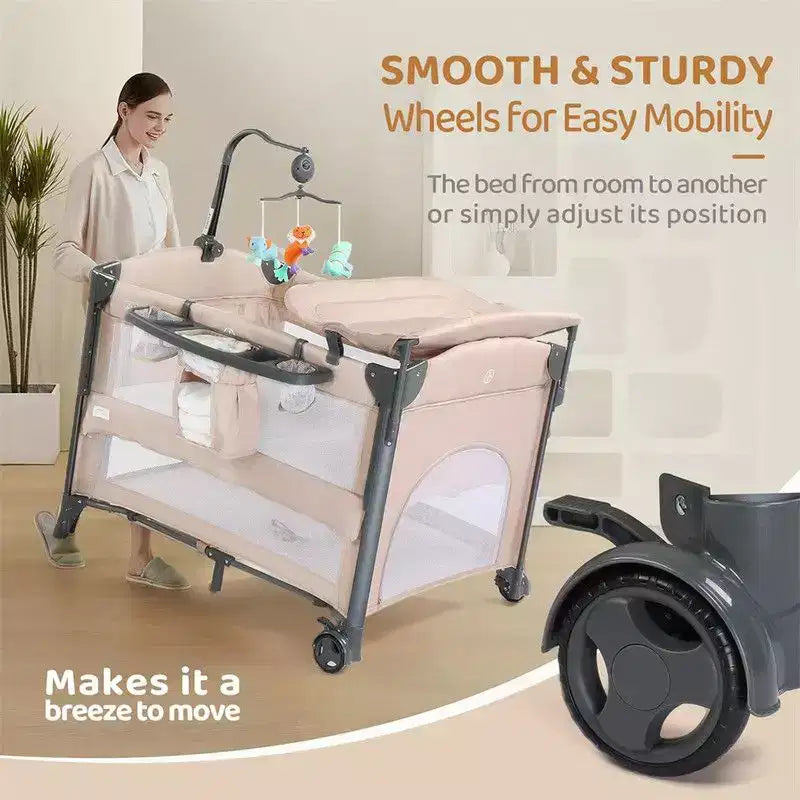 Lit Cododo 3-en-1 pour Bébé – Beige avec Sac de Rangement et Table à Langer