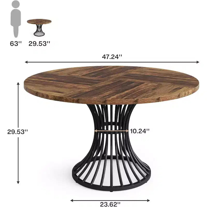 Table à manger ronde de ferme 47" pour 4 à 6 personnes – Piètement industriel en métal, noir et marron
