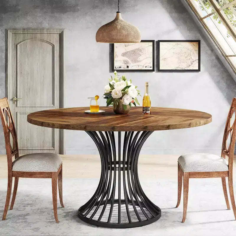 Table à manger ronde de ferme 47" pour 4 à 6 personnes – Piètement industriel en métal, noir et marron