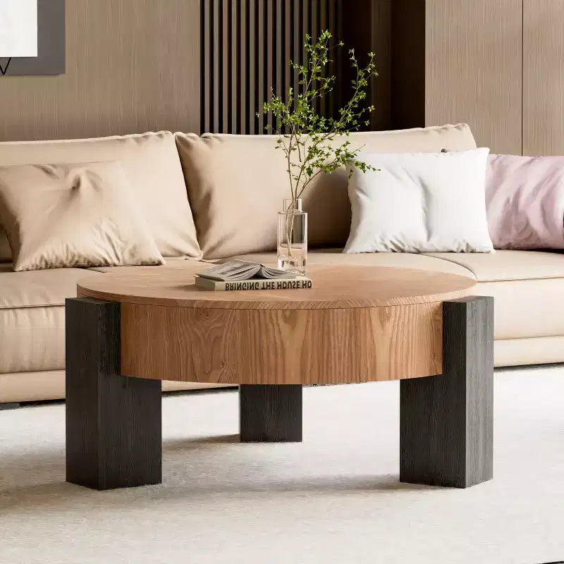 Table basse ronde moderne de 33 pouces avec rangement caché à plateau rabattable – Finition grain de bois