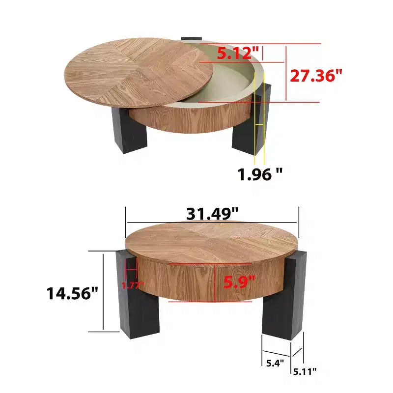 Table basse ronde moderne de 33 pouces avec rangement caché à plateau rabattable – Finition grain de bois