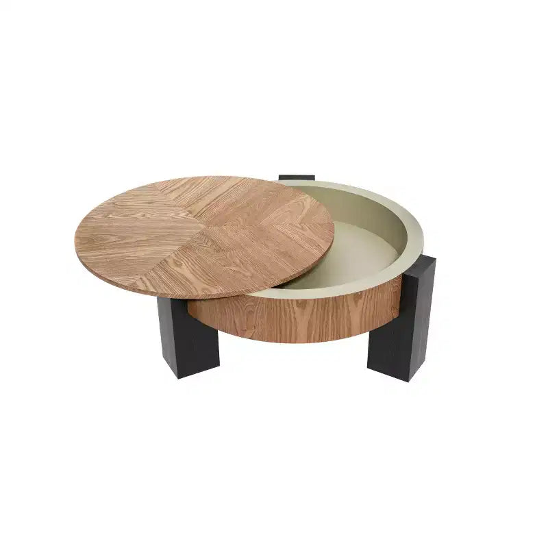 Table basse ronde moderne de 33 pouces avec rangement caché à plateau rabattable – Finition grain de bois