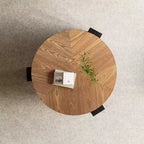 Table basse ronde moderne de 33 pouces avec rangement caché à plateau rabattable – Finition grain de bois