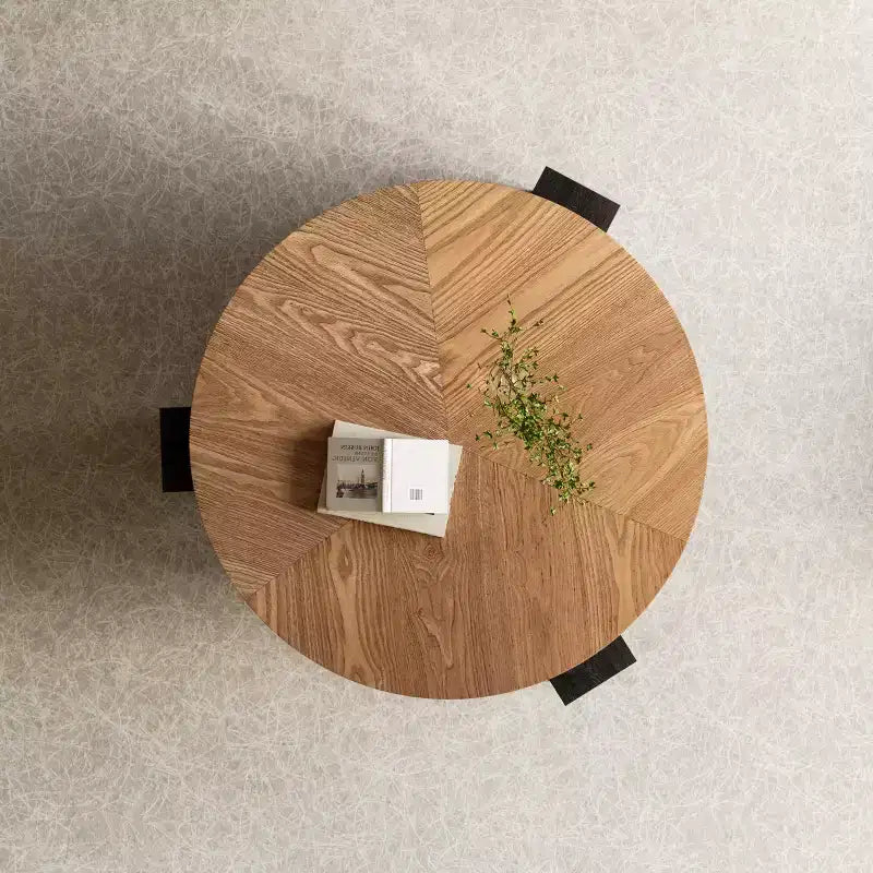 Table basse ronde moderne de 33 pouces avec rangement caché à plateau rabattable – Finition grain de bois